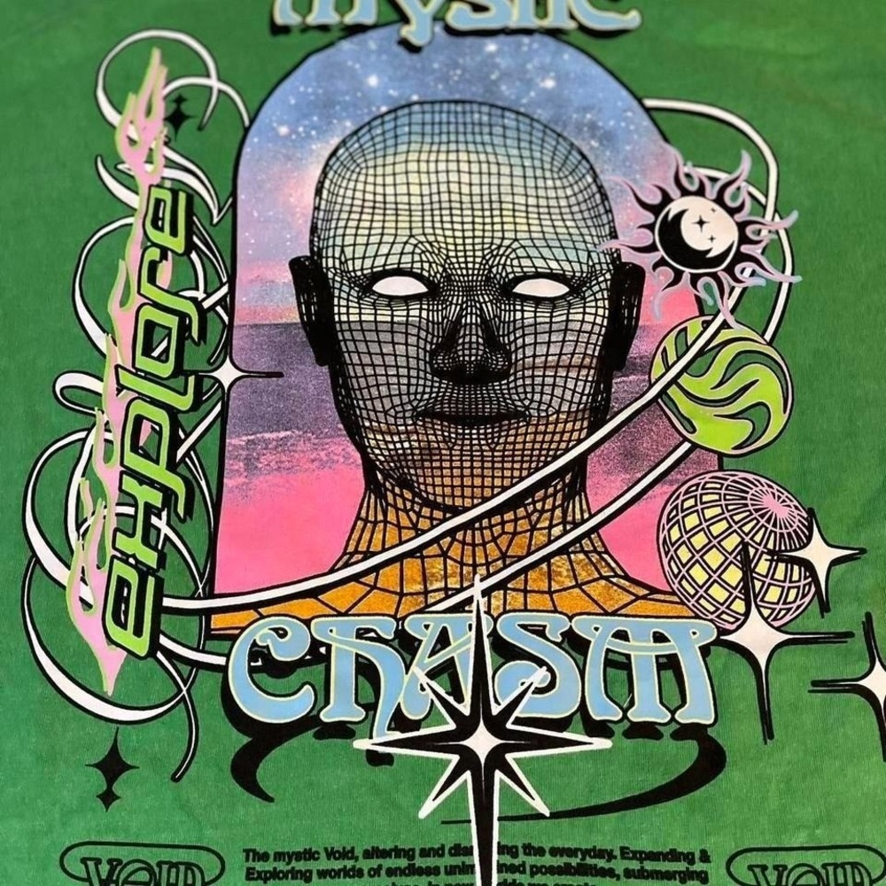 PacSun Psychedelic Graphic T-Shirt Green Cosmic Face Streetwear XL‎